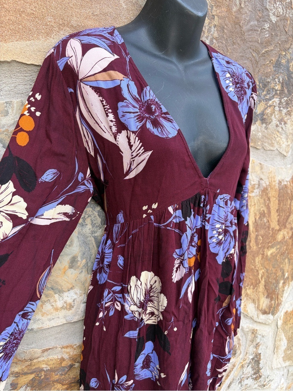 Free People Bella Wine Printed Floral Tunic Blouse Top M BoHo Chic Cottagecore